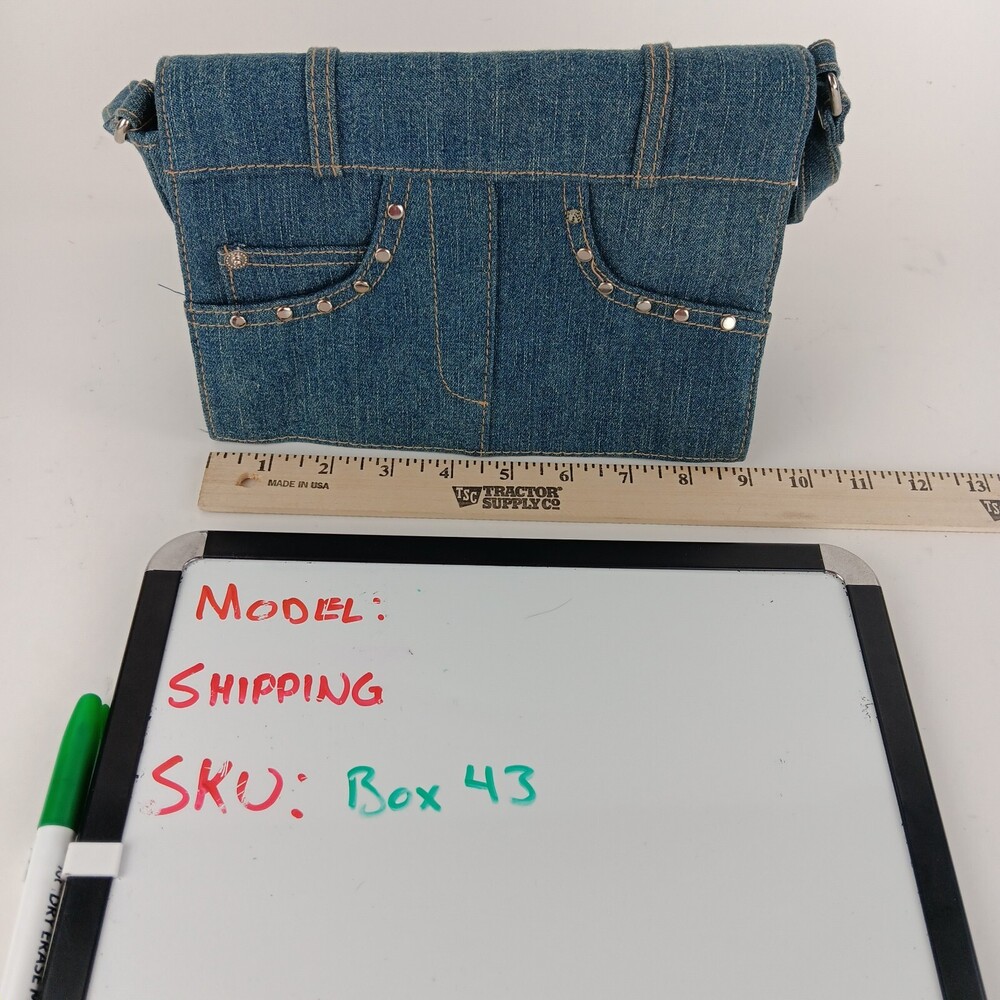 Womens Solid Blue Rectangular Shaped Studded Denim Shoulder Bag - Picture 13 of 13